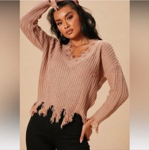 EUC Fashion Nova Fringe Distressed Crop Knit Sweater Pullover Size M